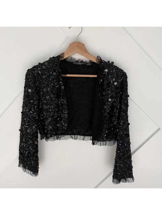 Betsey Johnson Sweaters - Vintage Betsey Johnson New York Black Sequin Cropped Jacket 90's Supermodel